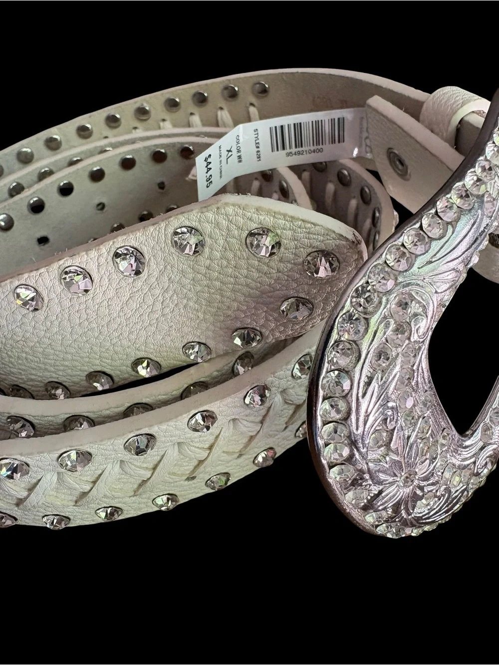 BKE Rhinestone Leather Western Crosstitch Western Festival Belt White Sz XL